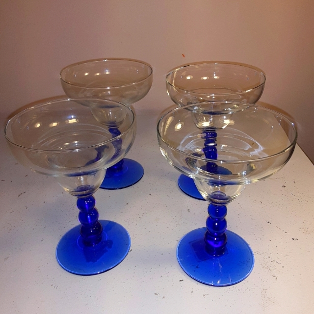 Set of 4 Margarita glasses. Cobalt blue and clear glass